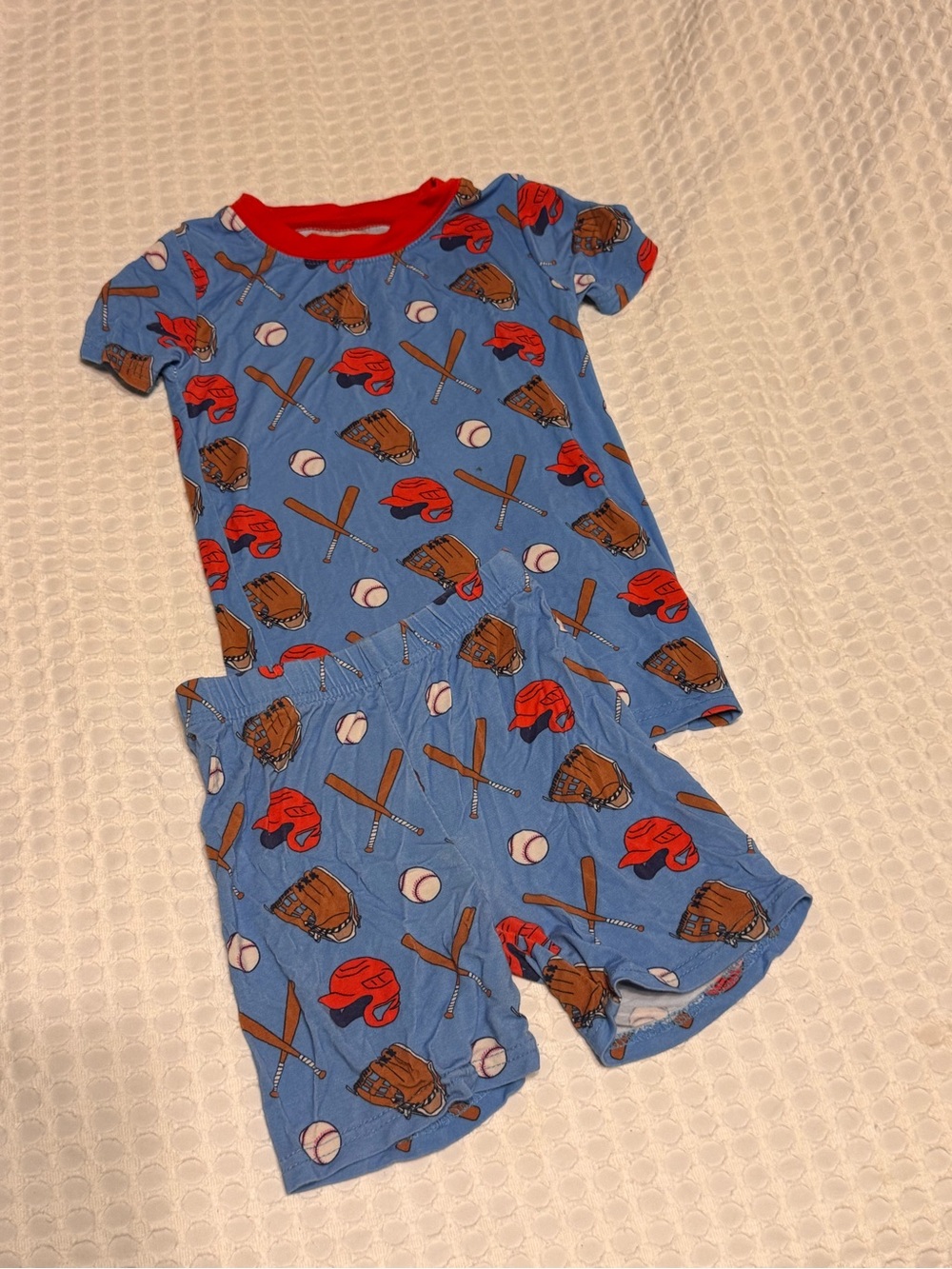 Blue Baseball-Print Kids Short Pajama Set with Red Trim